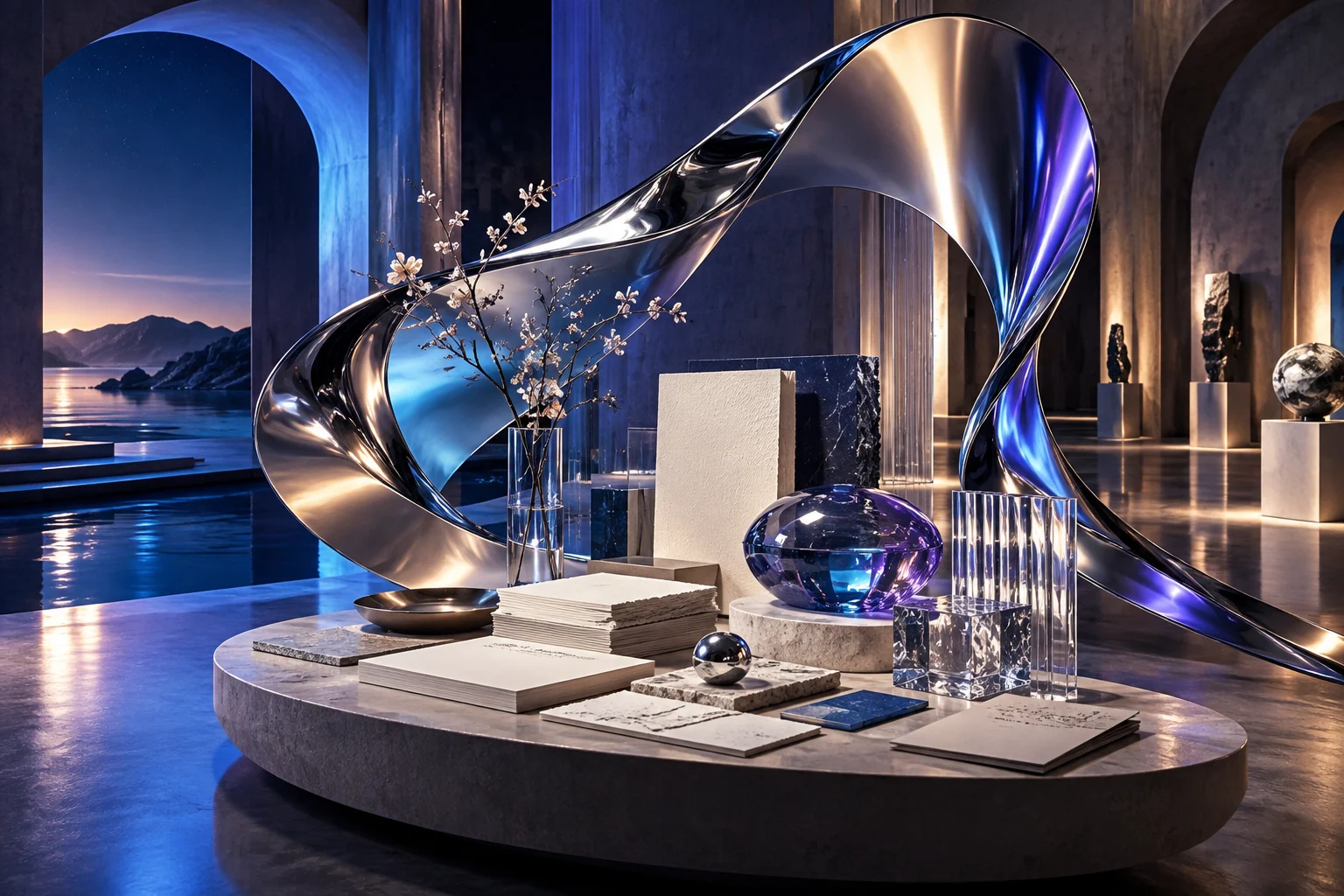 Sculptural creative studio installation with flowing chrome ribbons, glass design objects and paper samples