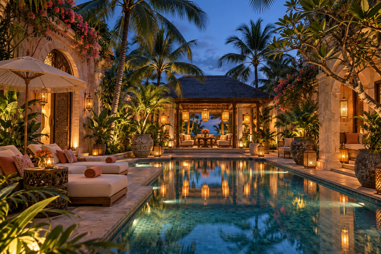 A tranquil tropical boutique hotel pool courtyard with palm trees, rich local architectural texture, warm lanterns and luxurious calm blue-hour atmosphere, hospitality campaign photography.
