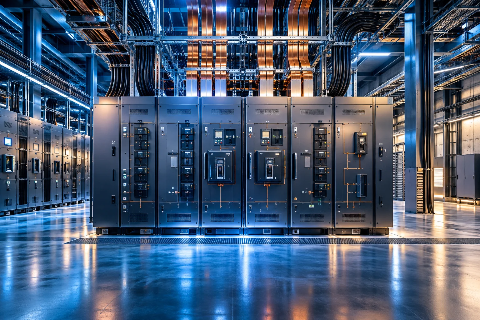 A beautifully photographed modern electrical switchgear installation in an immaculate industrial facility, precise cables and polished equipment with dramatic blue lighting.