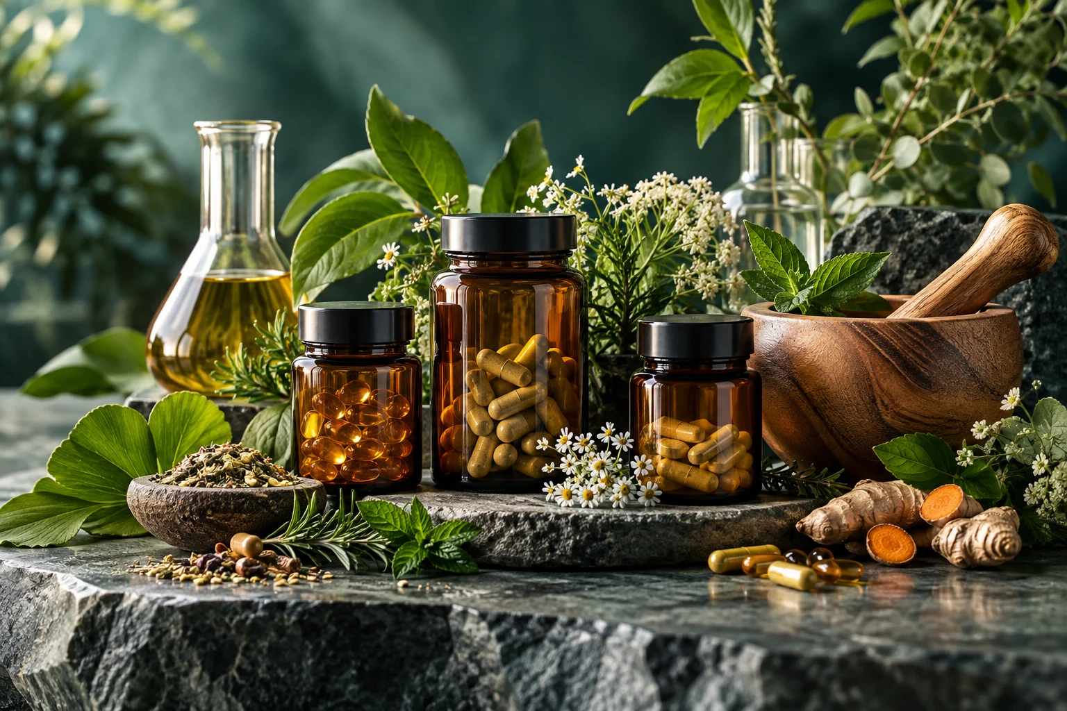 A premium wellness campaign still life of unlabeled amber supplement bottles, fresh botanical leaves, a refined wooden mortar and glass vessels on dark natural stone, thoughtful holistic health.