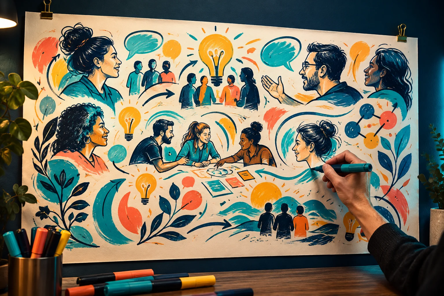 A hand drawing colorful visual notes and connected ideas on a large paper mural with a teal marker.