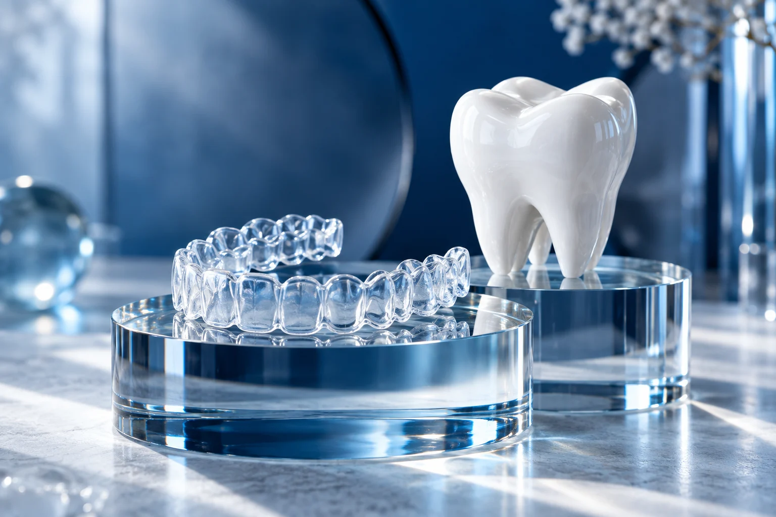 A pristine transparent orthodontic aligner resting beside a sculptural porcelain tooth model on elegant glass plinths, exceptionally polished dental healthcare campaign.