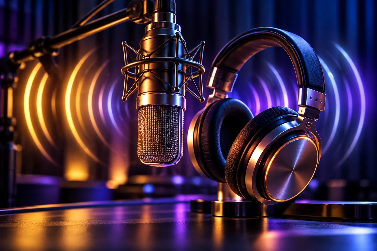 A sculptural professional studio microphone suspended beside premium headphones with beautiful rhythmic luminous acoustic arcs, compelling modern audio-media campaign photography.