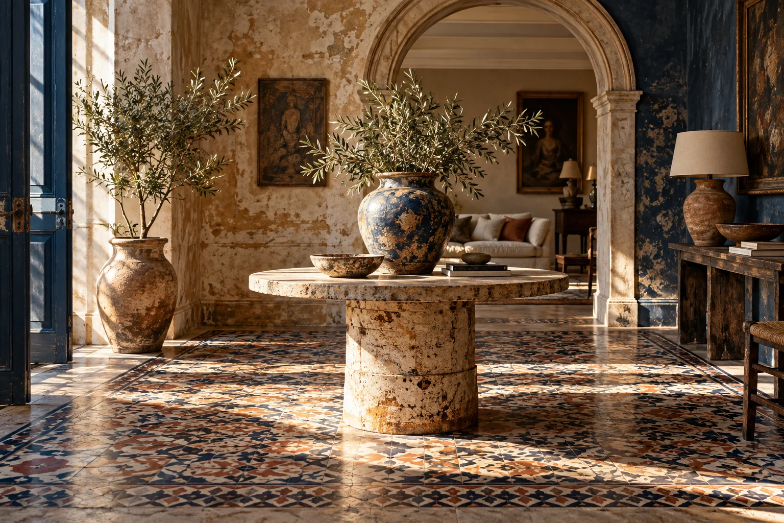 A richly tactile interior with authentic antique patterned encaustic floor tiles, sculptural ceramic vessel, weathered plaster and soft sunlight, refined artisan interiors campaign.