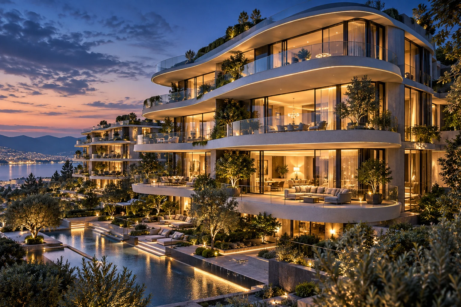 A stunning contemporary residential development with sculptural balconies, elegant landscaping and glass reflections at twilight, premium real estate campaign.