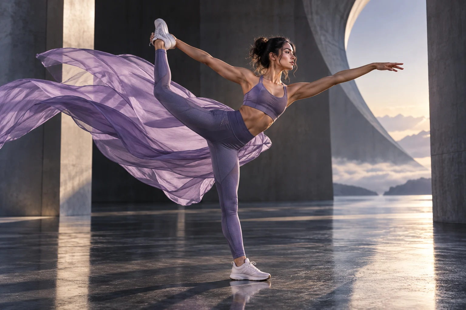 A graceful female athlete in premium technical activewear making a strong balanced standing stretch in a dramatic architectural studio, dynamic flowing fabric, aspirational fitness campaign, natural anatomy.