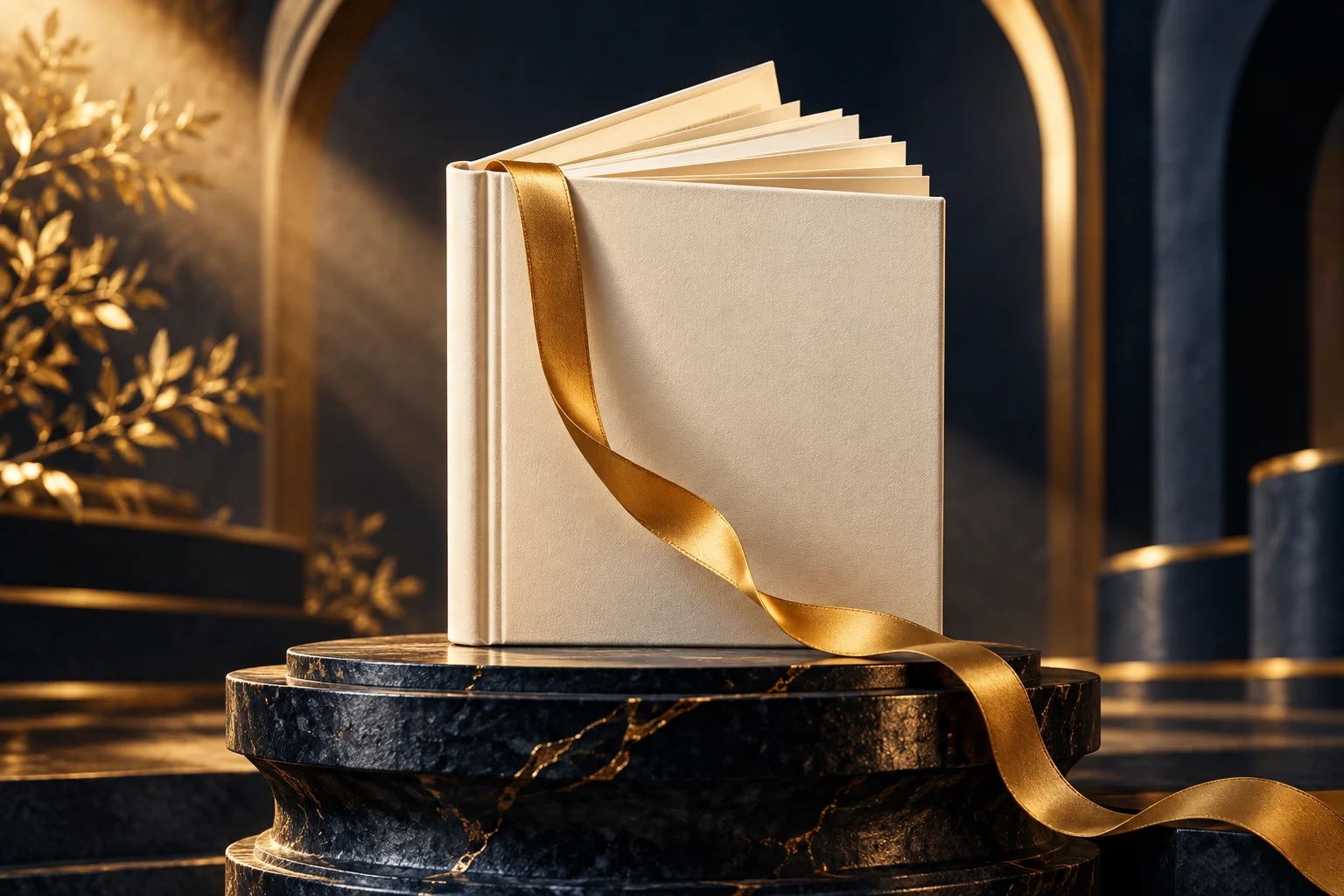 A beautifully bound blank cream hardback book with a flowing golden ribbon on an elegant dark sculptural pedestal, subtle open pages and warm focused light, inspiring author book campaign.