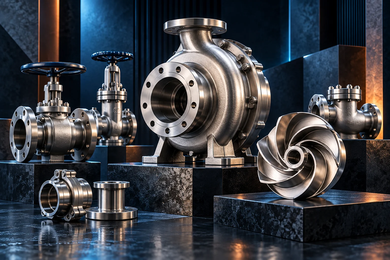 An exquisite industrial product campaign still life of precision stainless-steel pump housings, machined pipe valves and a polished impeller on dark geometric plinths, fluid-handling craftsmanship.