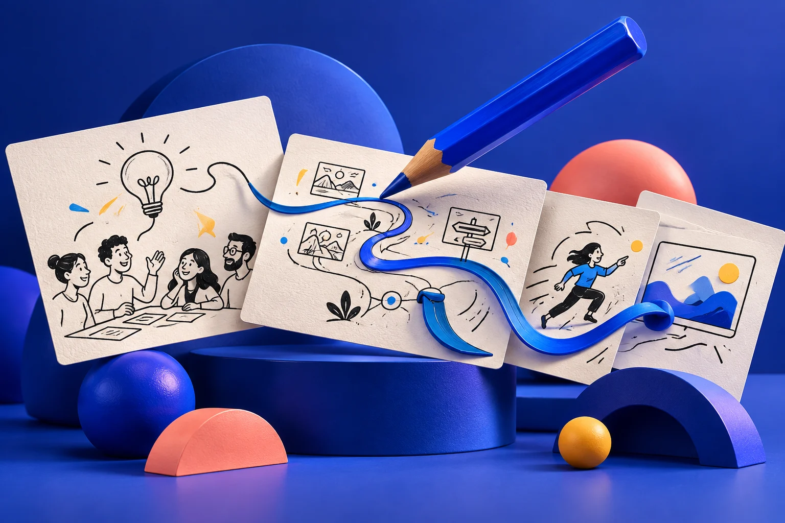 A blue pencil above illustrated storyboard cards with sculptural ribbons bringing hand-drawn ideas to life.
