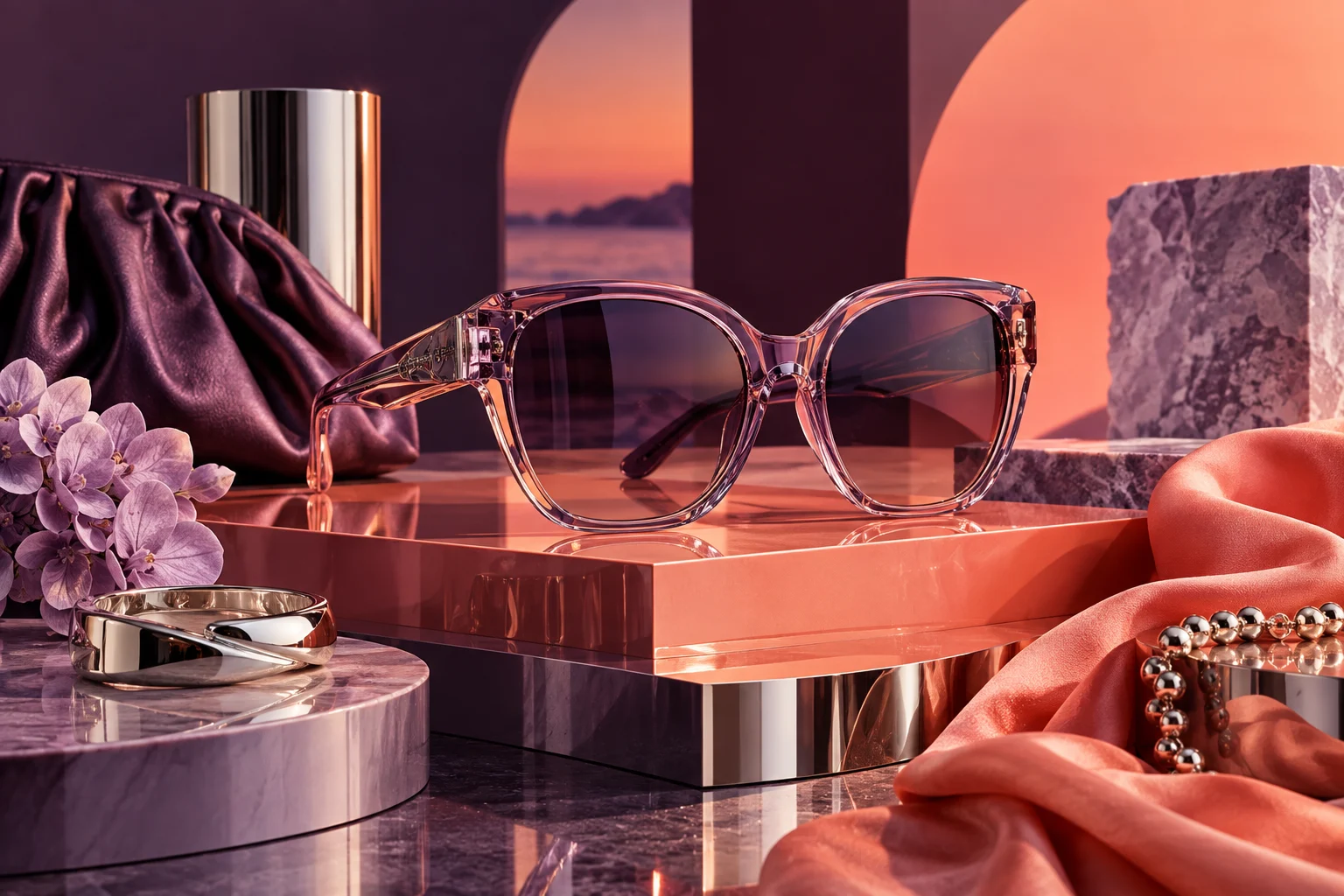 Luxury sculptural sunglasses with translucent frames and beautifully arranged lifestyle accessories on glossy geometric podiums, modern youthful fashion campaign, no logos.