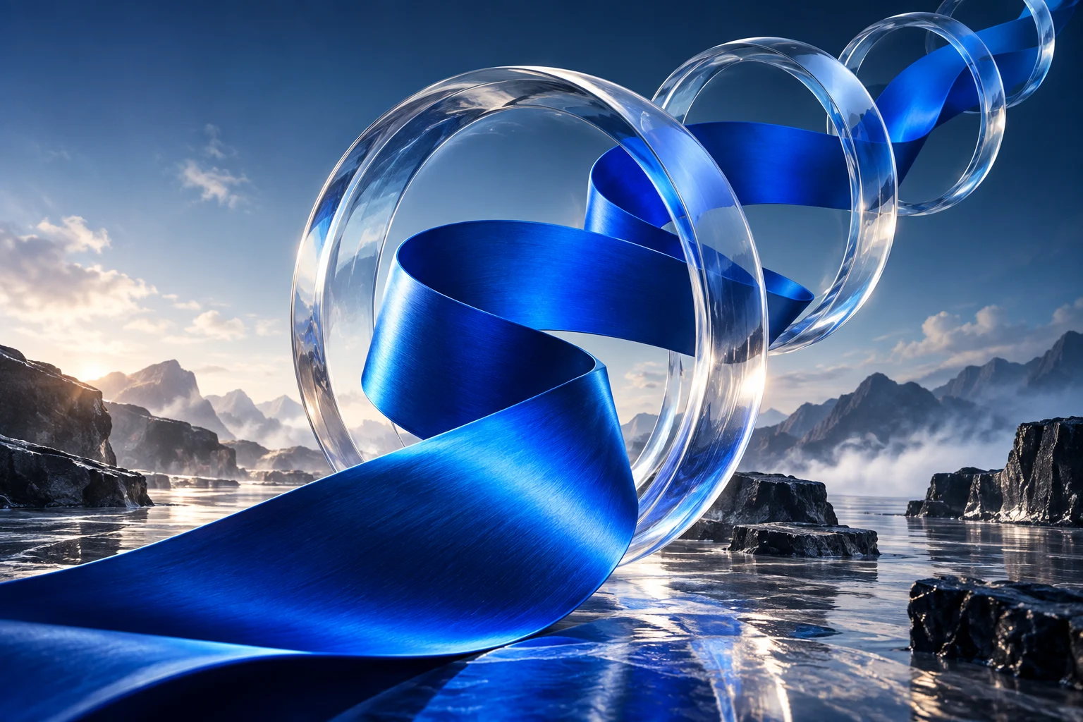 A bold monumental cobalt folded ribbon ascending through sculptural translucent hoops, kinetic creative agency campaign with exceptional material detail.