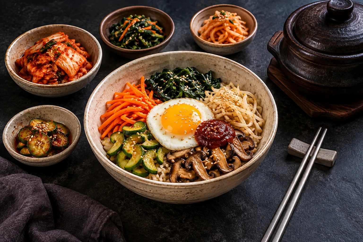 A colorful bowl of Korean bibimbap with kimchi, vegetable side dishes and stainless steel chopsticks.