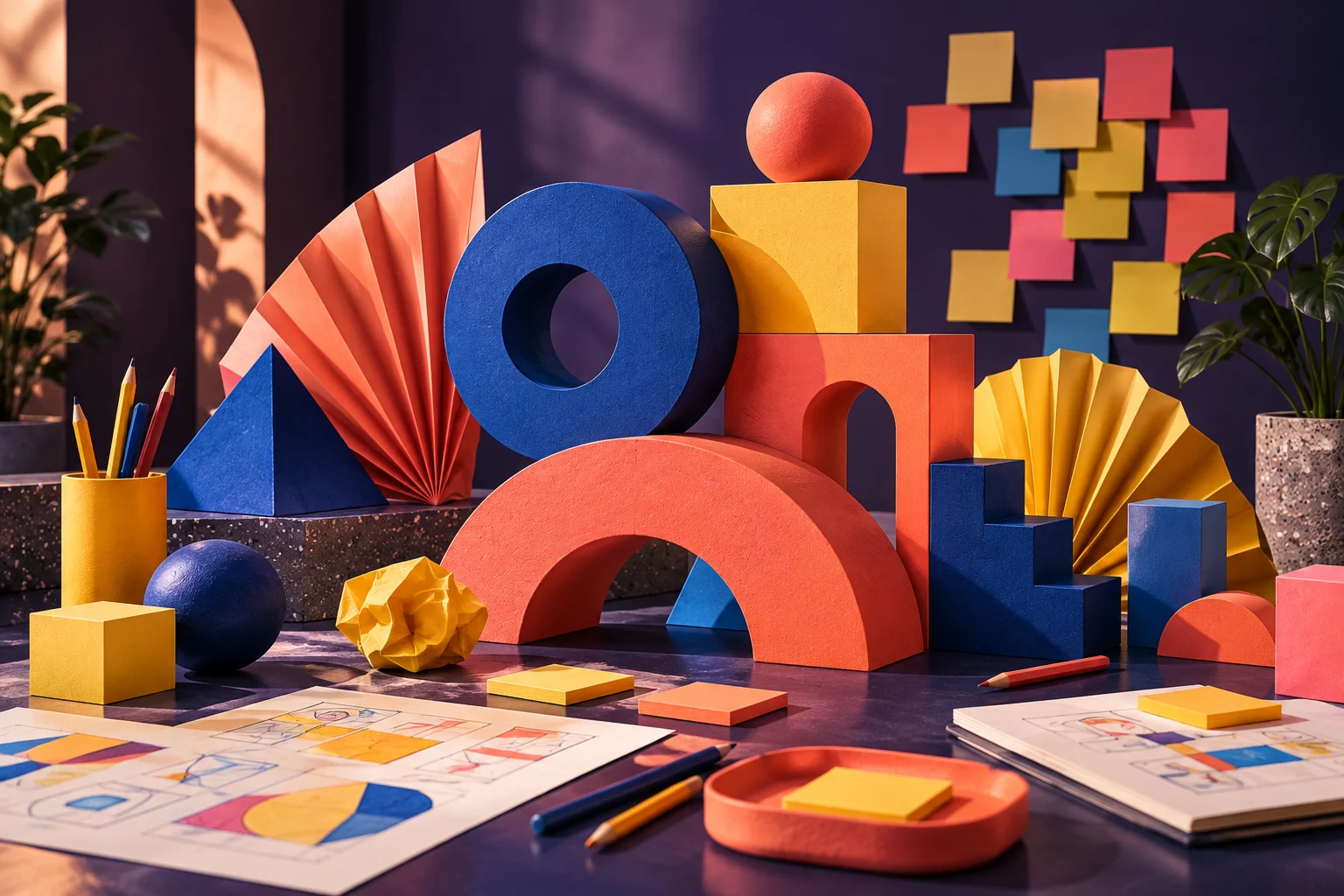 A creative workshop installation of bold interlocking geometric objects, folded paper, blank sticky-note clusters and colorful sculptural blocks, an elegant visual about collaborative design thinking.
