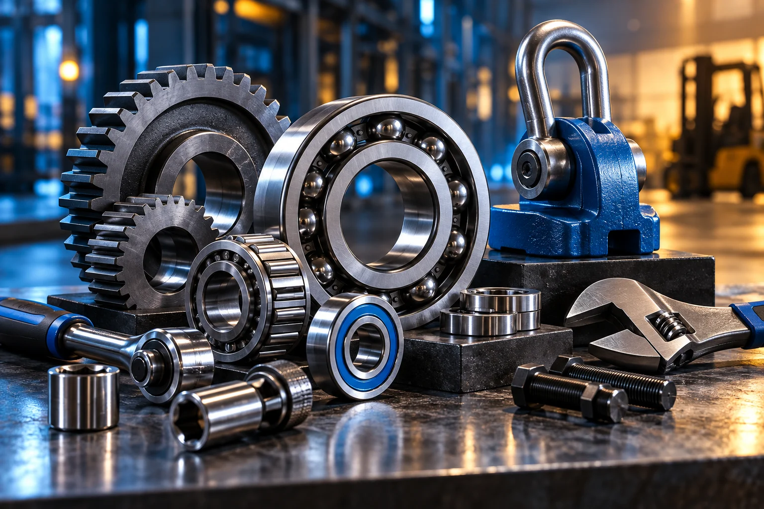 An exquisitely arranged industrial product still life with precision steel bearings, mechanical gears, polished hand tools and a compact lifting component, premium B2B equipment campaign.