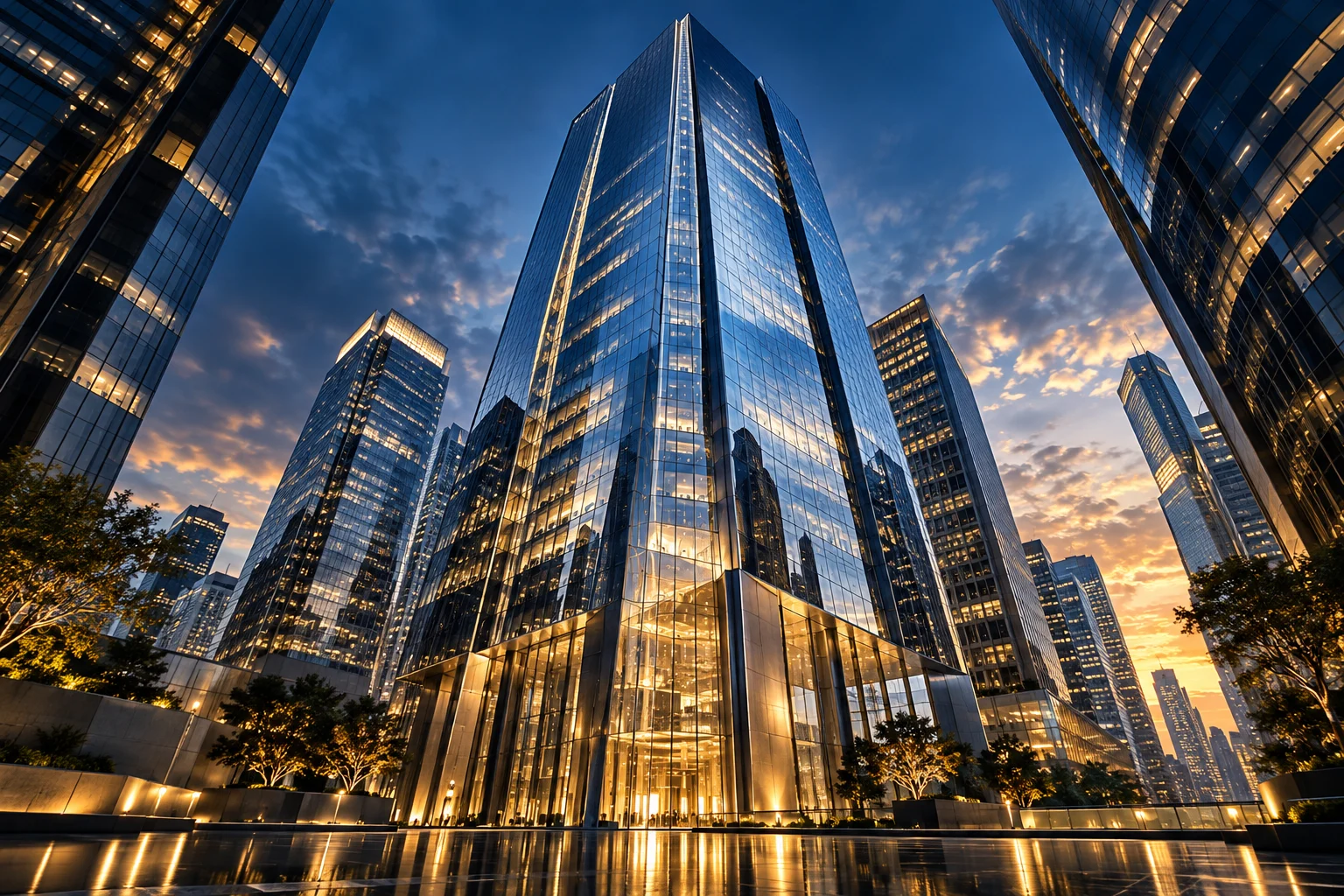 A magnificent glass skyscraper seen from a low angle in a sophisticated financial district at blue hour, reflections and converging architectural lines conveying confidence and trust.