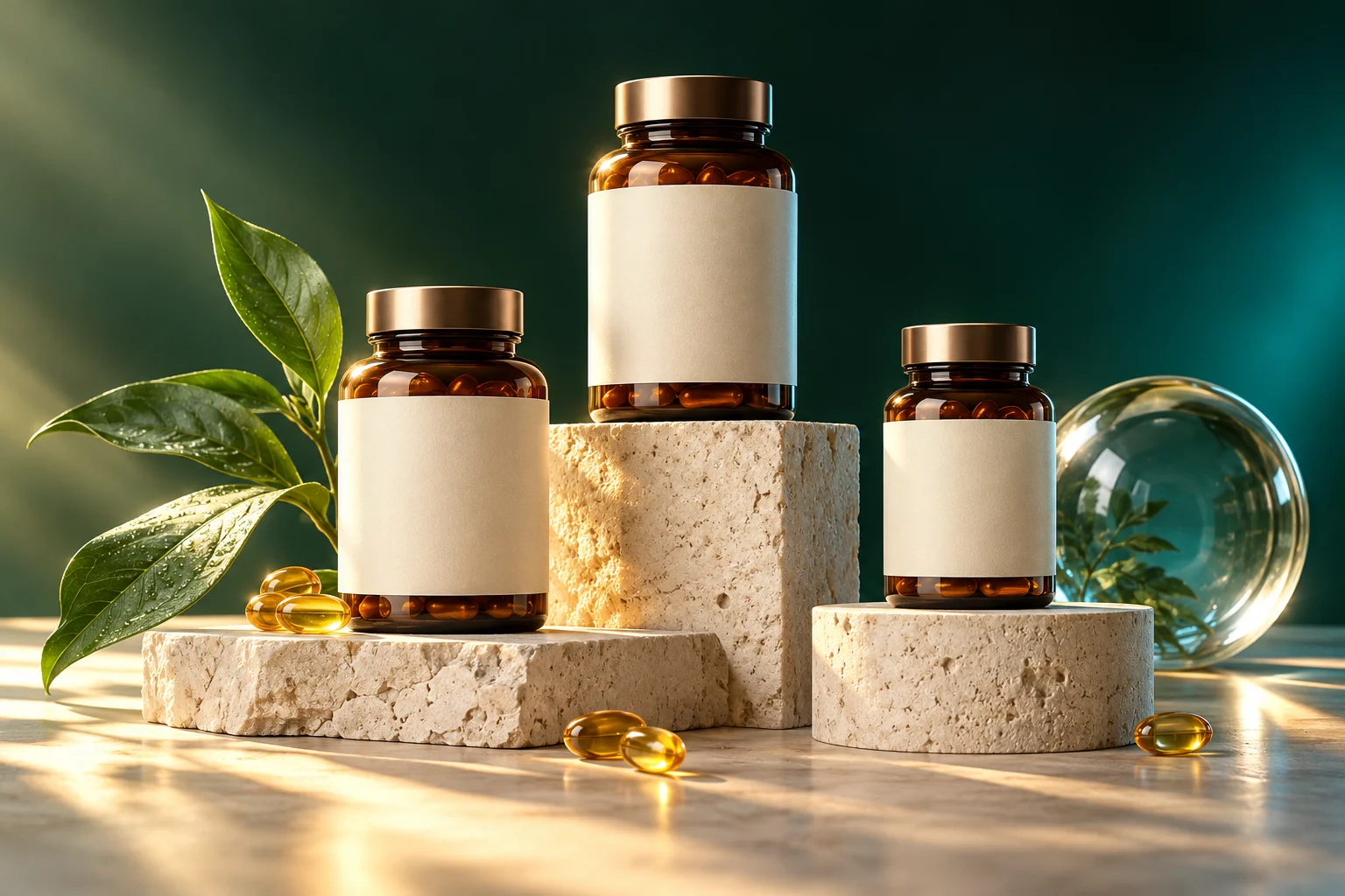 Amber supplement bottles, golden capsules and a fresh leaf on limestone plinths against a forest-green background.