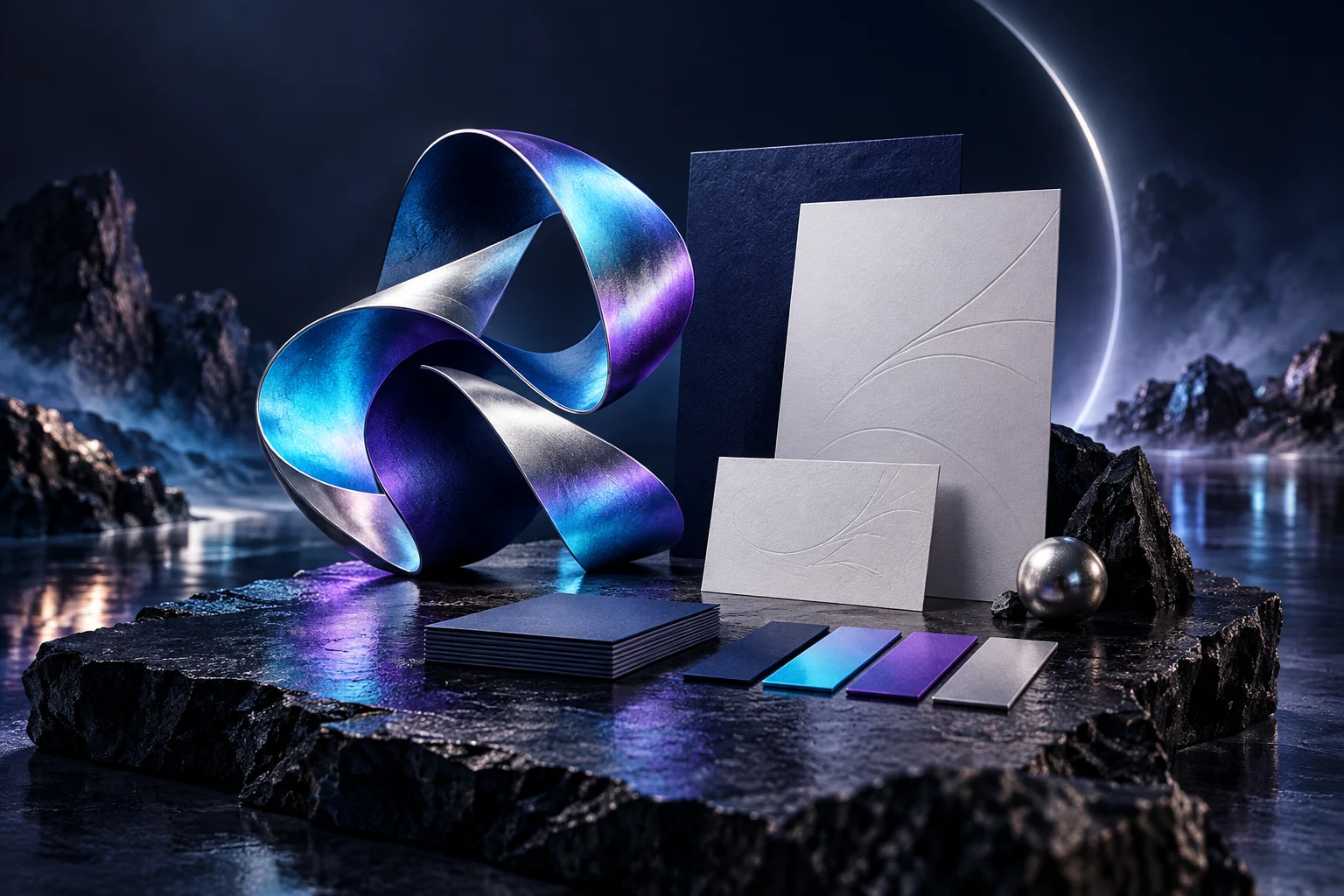 A sculptural iridescent folded ribbon forming an original abstract brand symbol, beside exquisitely arranged blank embossed stationery and color swatches.