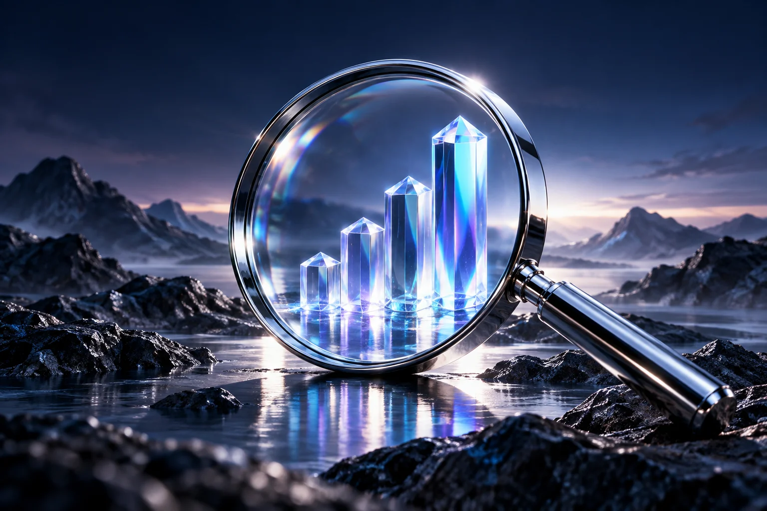 A sculptural chrome magnifying glass revealing a brilliant glass prism with upward tiers, evoking discoverability and organic search growth.