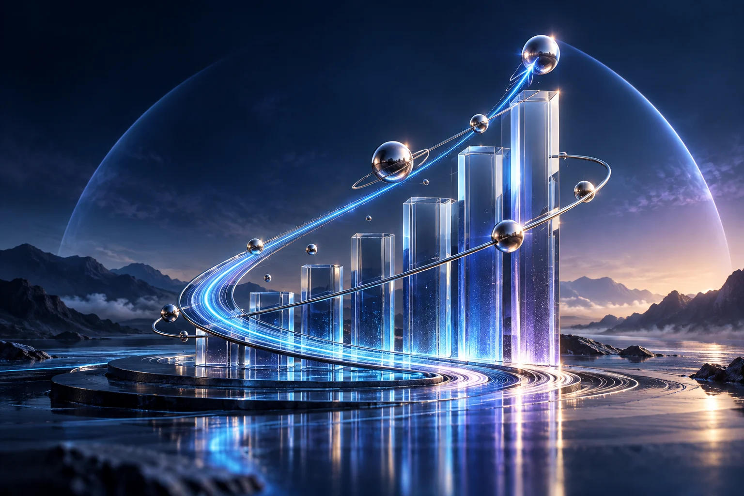 A sweeping illuminated blue trajectory rising through elegant translucent data columns and orbiting metallic spheres, a compelling sculptural metaphor for business growth.