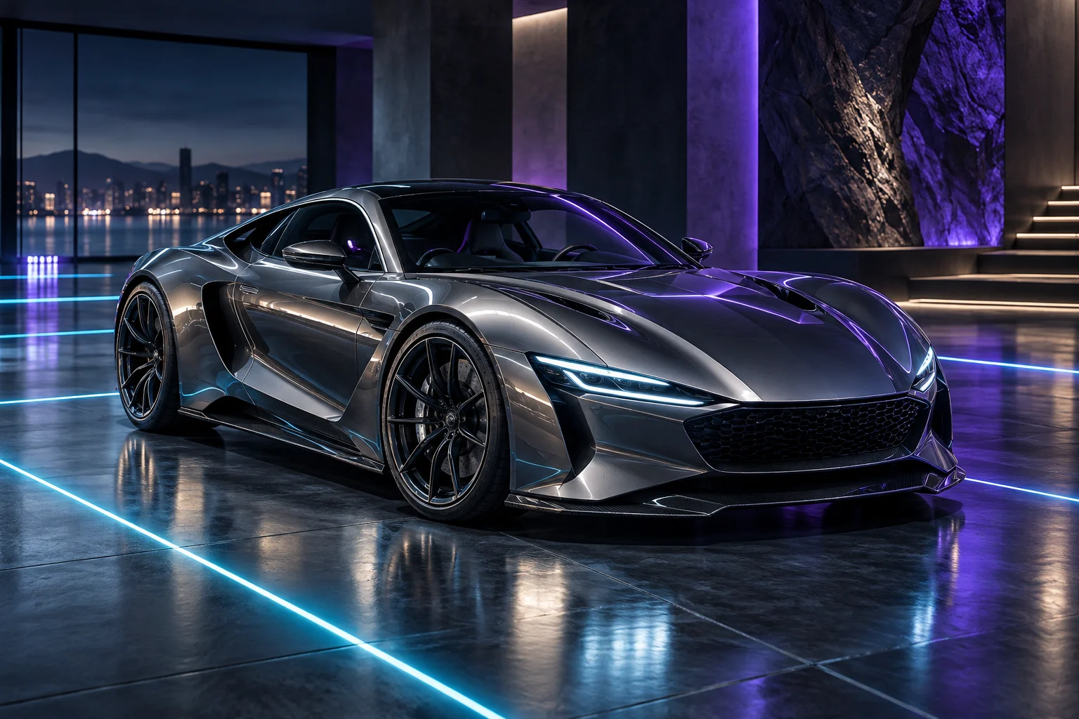 An immaculate graphite performance sports car in a sculptural dark showroom with cyan floor lines and violet rim lighting, three-quarter editorial automotive photography, no badges.