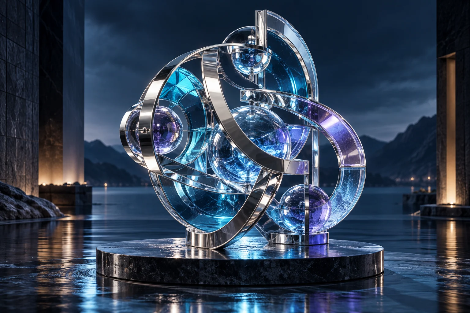 A bespoke intricate modular glass sculpture with interlocking chrome components arranged with precision, each piece unique, celebrating custom digital craftsmanship.