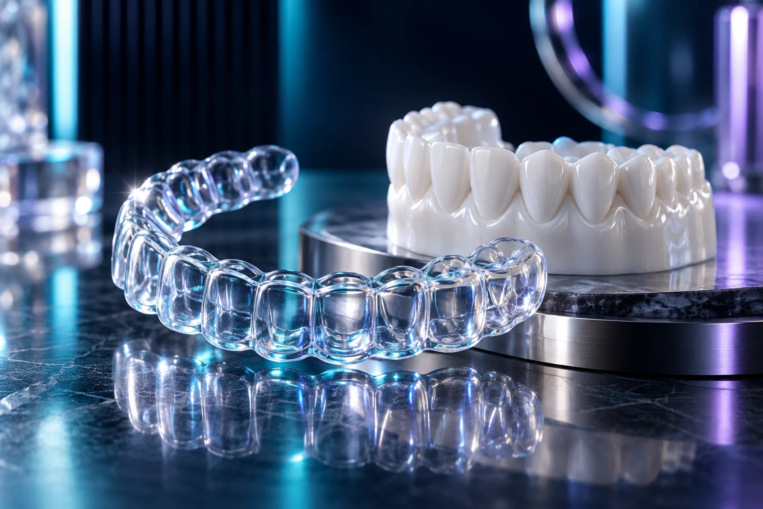 A refined transparent orthodontic aligner beside a smooth porcelain dental model, sparkling hygienic glass details and soft teal reflections, premium clinical product photography.