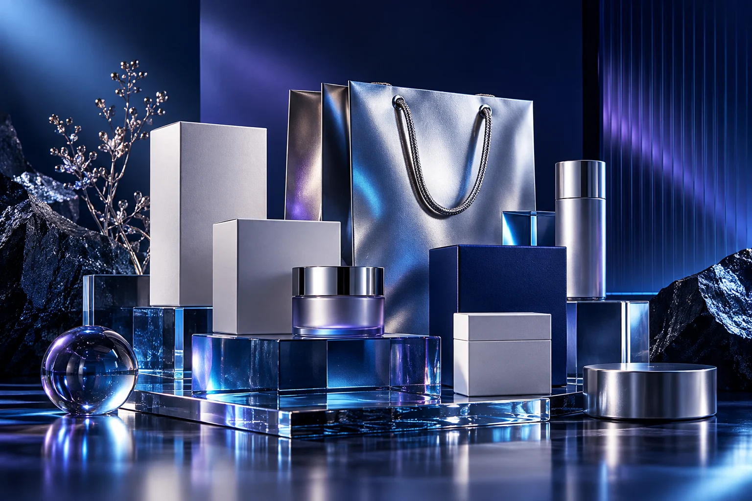 An elegant curated arrangement of premium blank product packages, metallic shopping bag and glass display plinths, compelling commerce campaign still life.