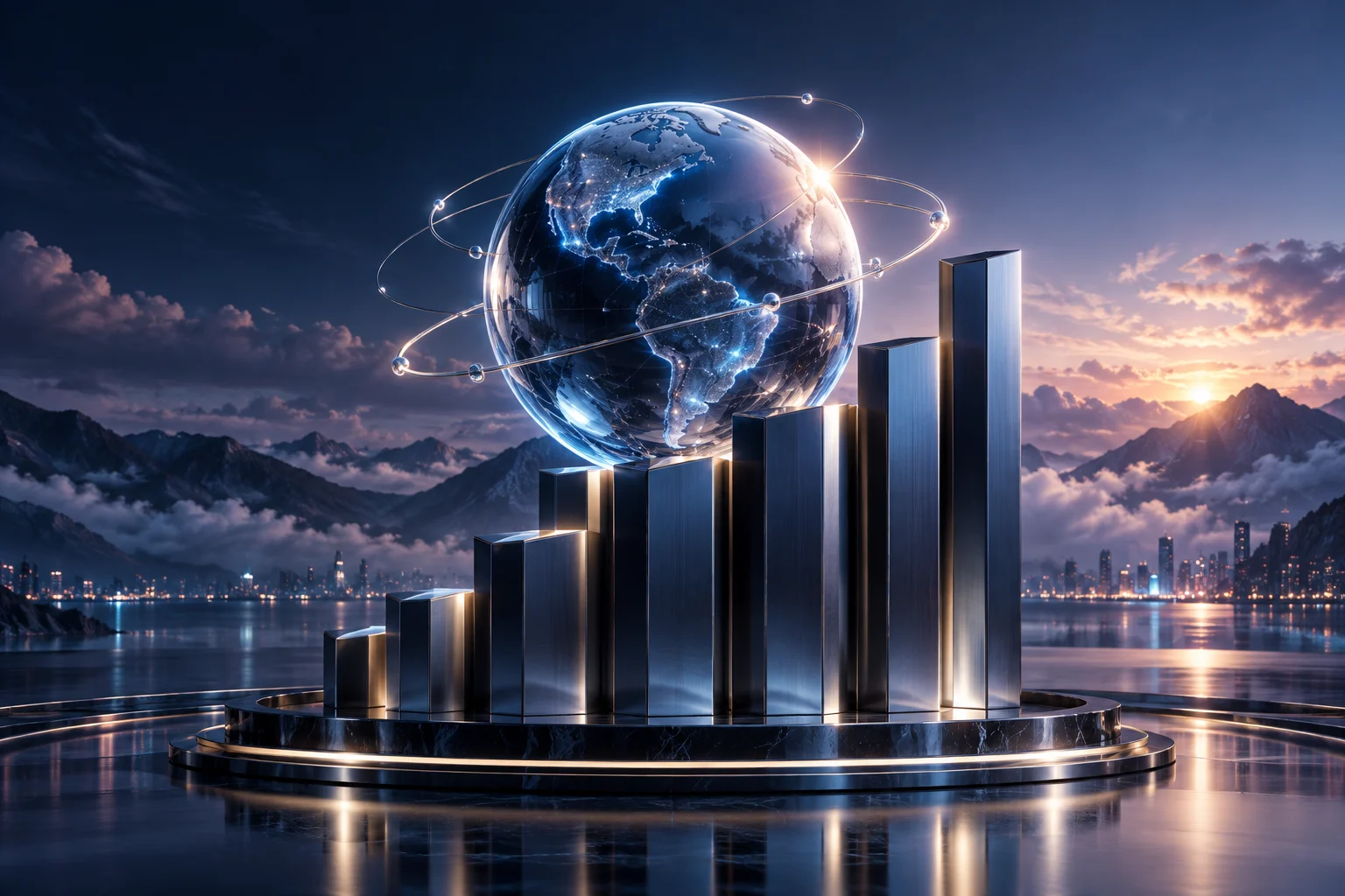 An architectural sculpture of rising dark metallic columns and a luminous glass sphere with subtle orbital lines, representing confidence and financial growth.