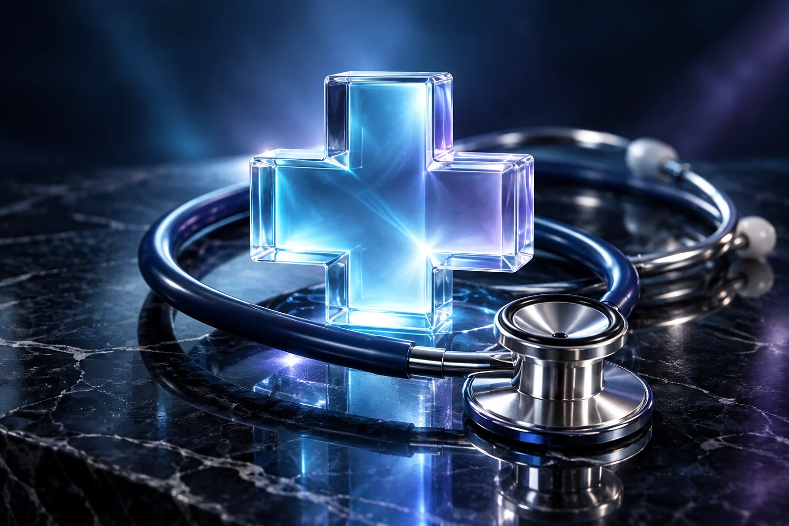 A refined chrome stethoscope curling around a glowing translucent glass medical cross on polished obsidian, calm blue clinical light and thoughtful healthcare art direction.