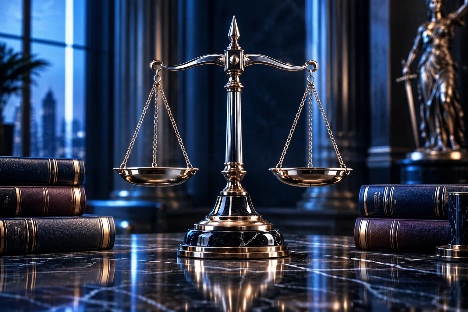 A sculptural bronze and chrome balance scale on dark veined marble with elegant legal books without lettering, authoritative legal campaign photography.