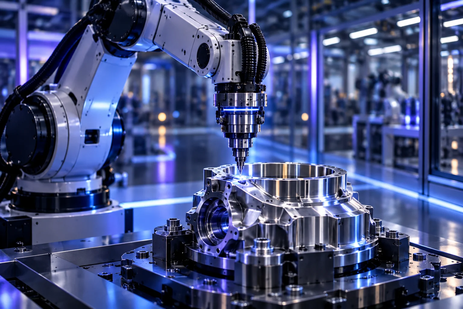 Precision robotic manufacturing arm working on a polished metal component amid dramatic blue light, immaculate modern factory, premium industrial editorial photography.
