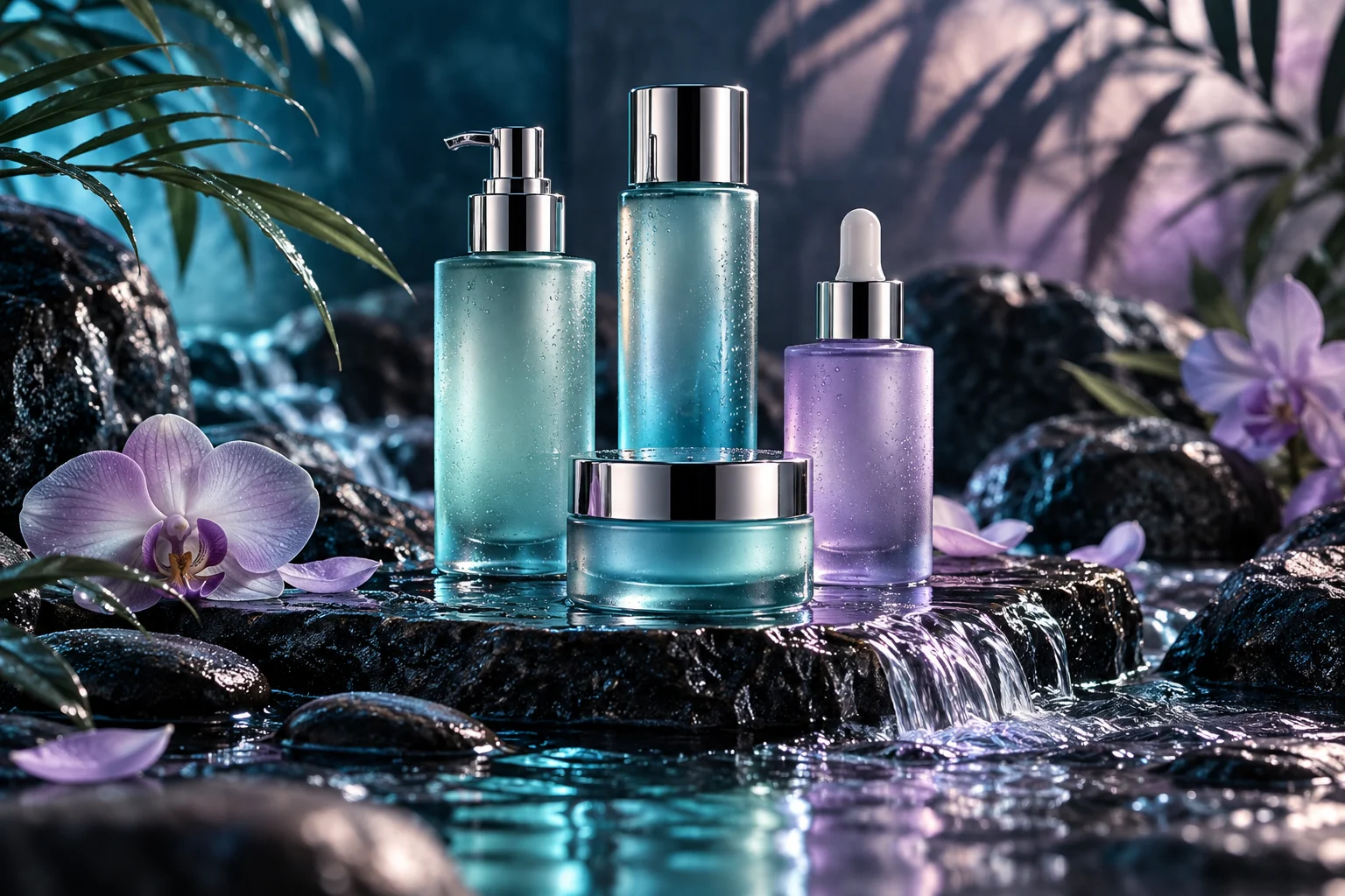 Luxury sculptural skincare bottles without labels on wet dark stone, flowing water and soft botanical shadows, elegant turquoise and lilac spa campaign photography.