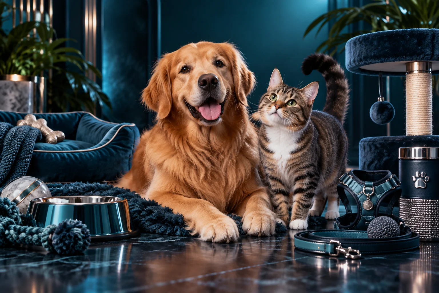 A beautiful golden retriever and a curious tabby cat beside premium pet-care accessories in a luxurious midnight teal studio, warm expressive animals with elegant soft cyan highlights.