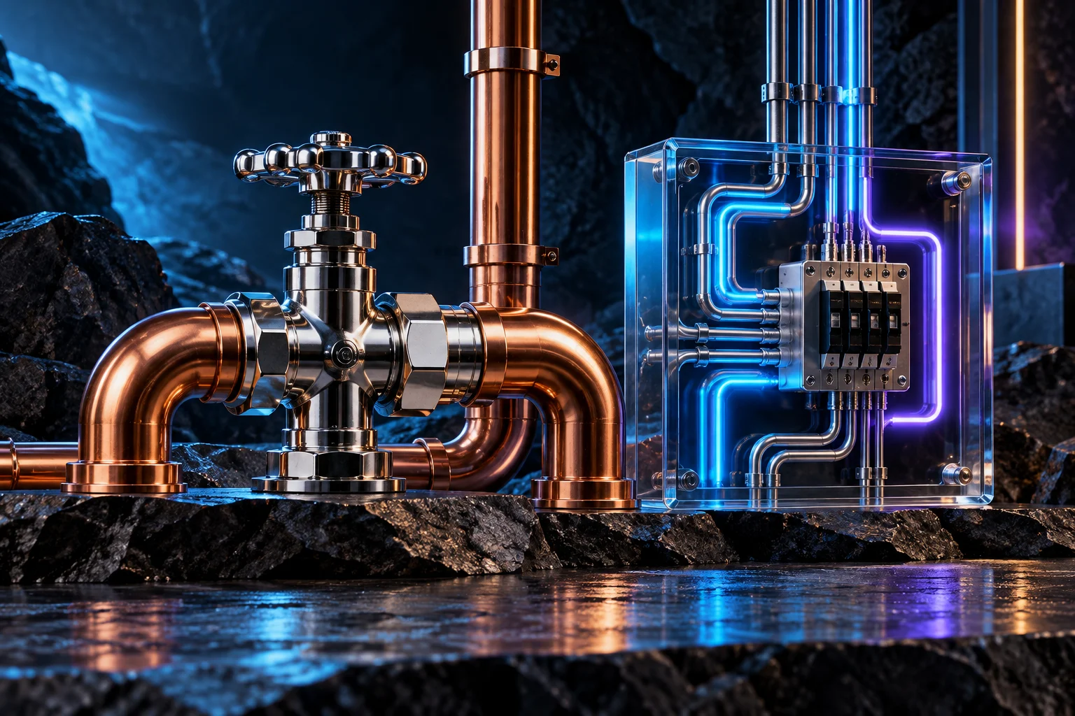 A precision chrome valve and elegant copper pipe assembly beside a luminous electrical circuit sculpture, premium trades craftsmanship on dark stone.