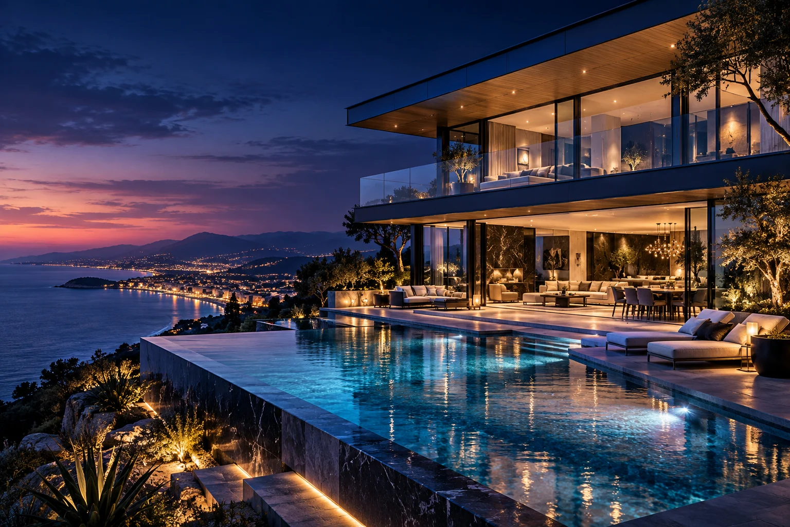 A breathtaking contemporary hillside residence with glass walls and an infinity pool overlooking the twilight coast, warm architectural interior lighting against midnight navy.