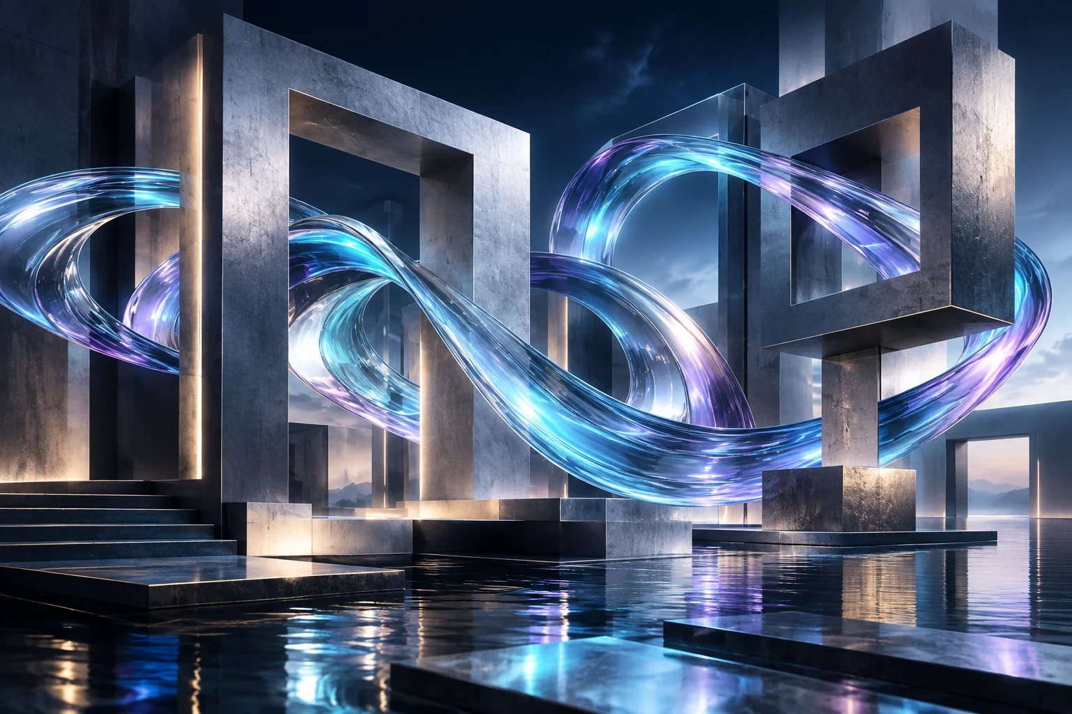 Fluid luminous glass ribbons weaving through a precise modular architectural grid, dynamic sculptural design representing creative no-code development.