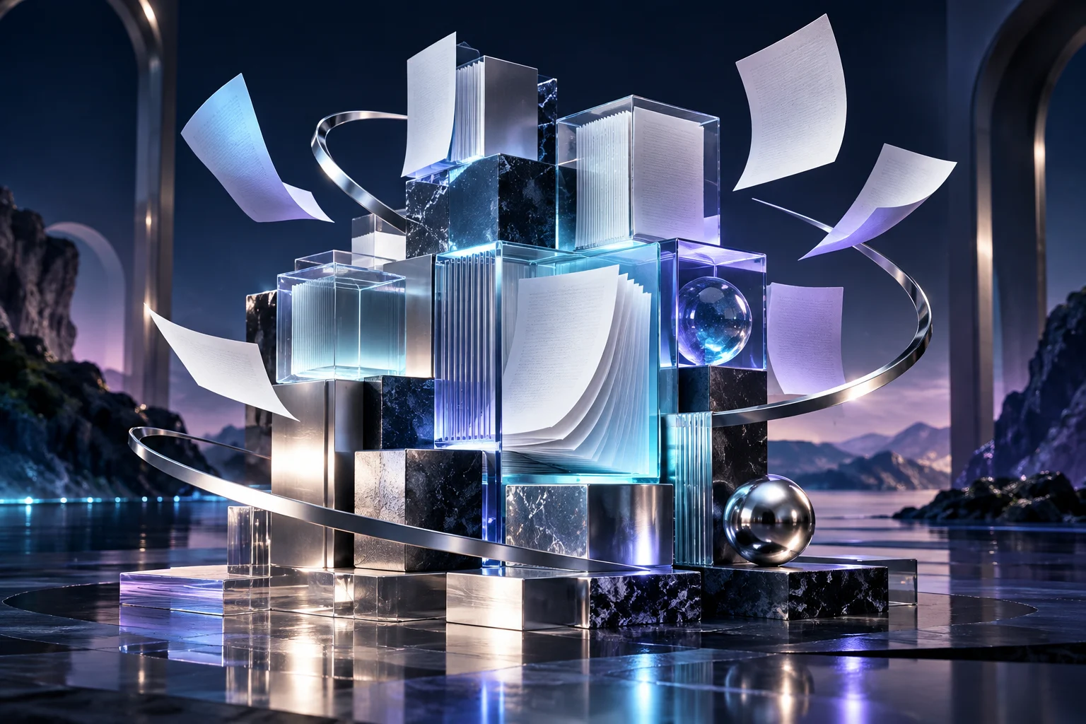 A beautifully assembled editorial sculpture of luminous modular publishing blocks and floating blank pages, glass and chrome, representing a flexible content management system.
