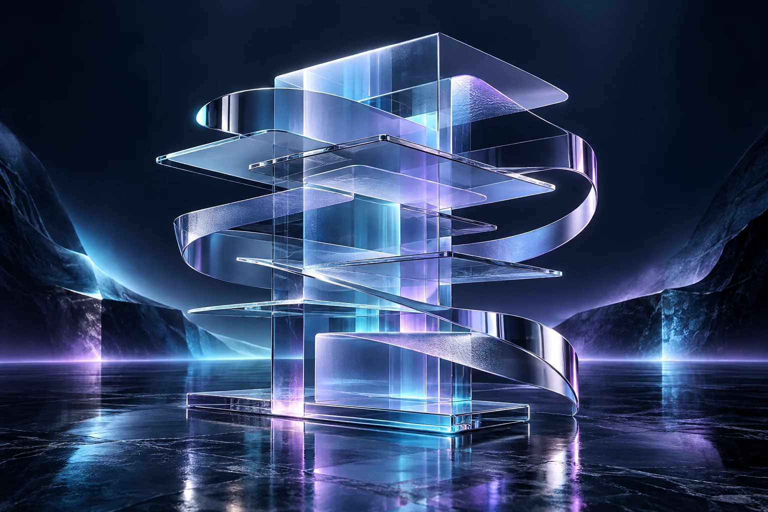 A luminous glass monolith with floating precise layers and curved chrome ribbons arranged as sculptural digital architecture.