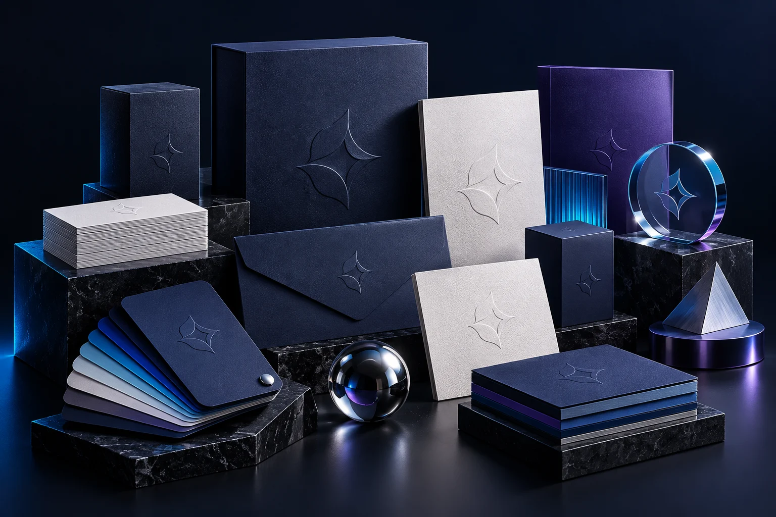 Coordinated embossed stationery, packaging and color swatches forming a cohesive brand identity.