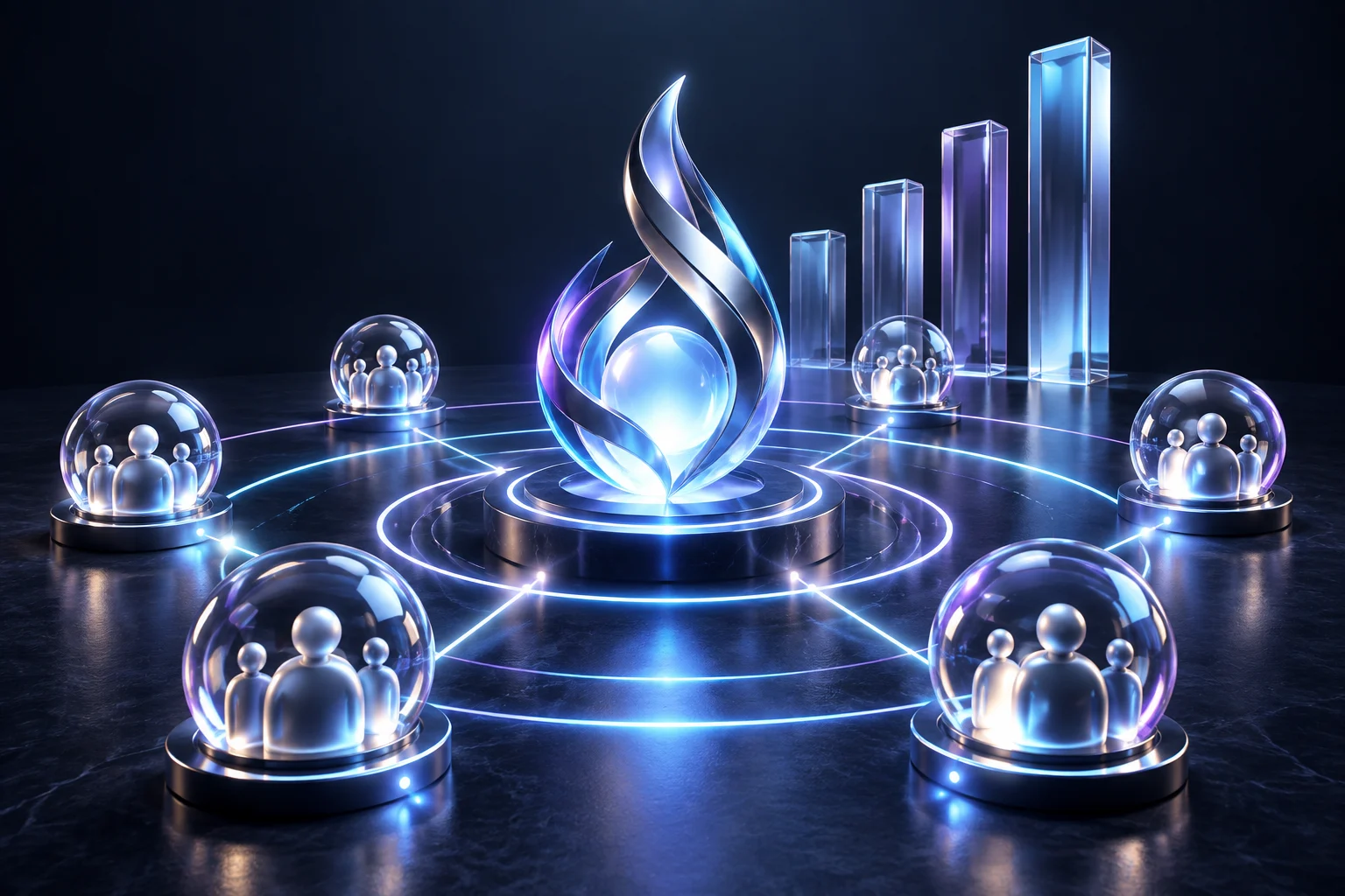A radiant brand sculpture connecting audience spheres beside a rising glass graph.