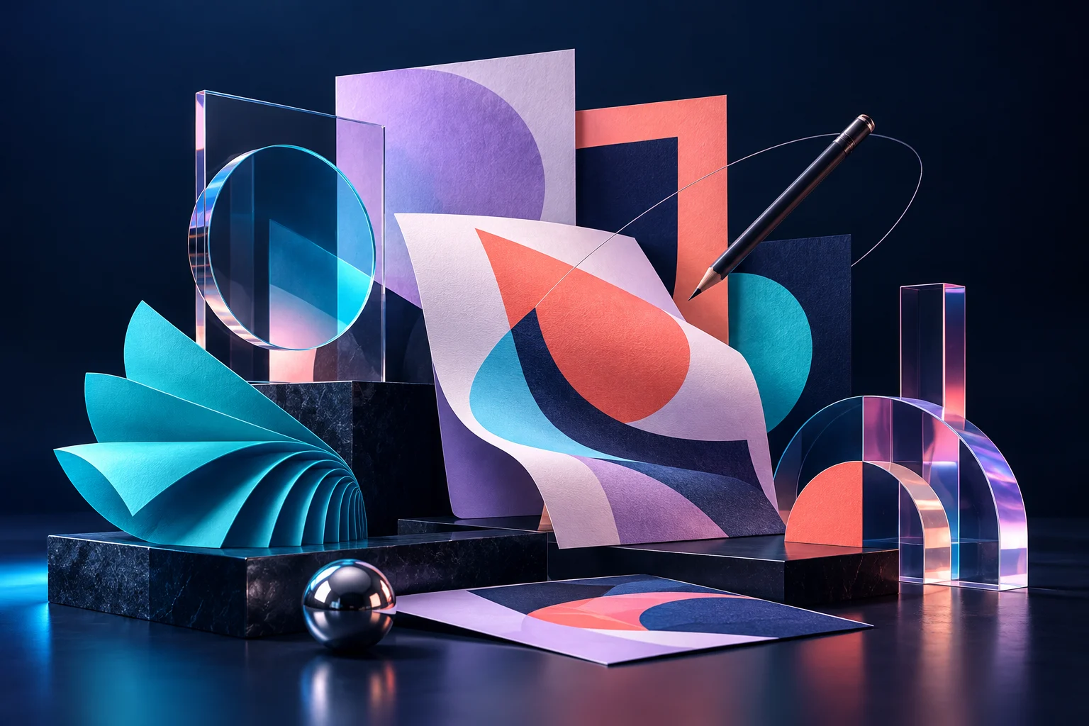 Layered abstract print layouts, folded paper and acrylic geometry celebrating graphic design.