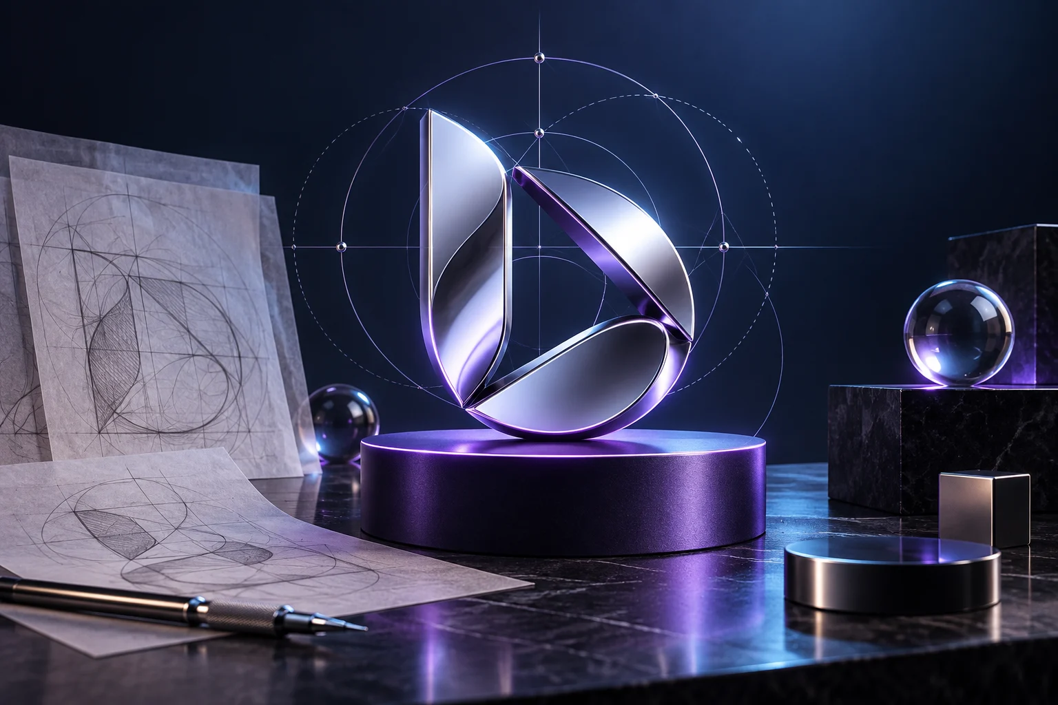 A polished geometric emblem with construction circles and sketch tracing sheets.