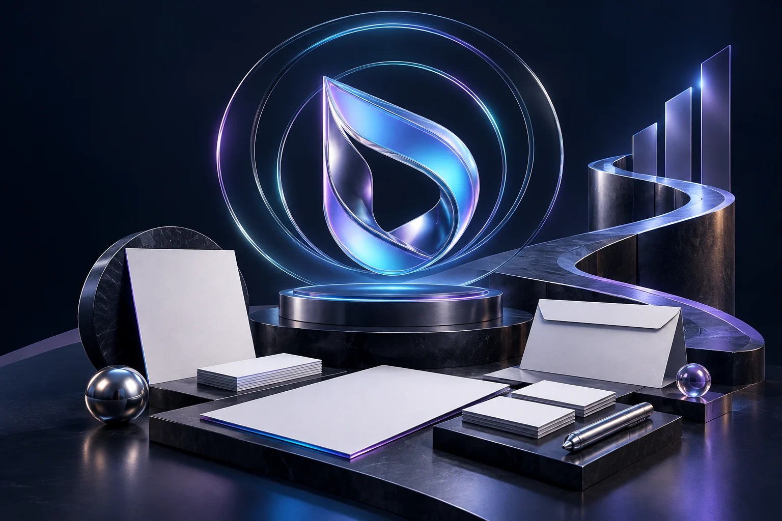 An iridescent brand emblem above coordinated stationery and luminous recognition rings.