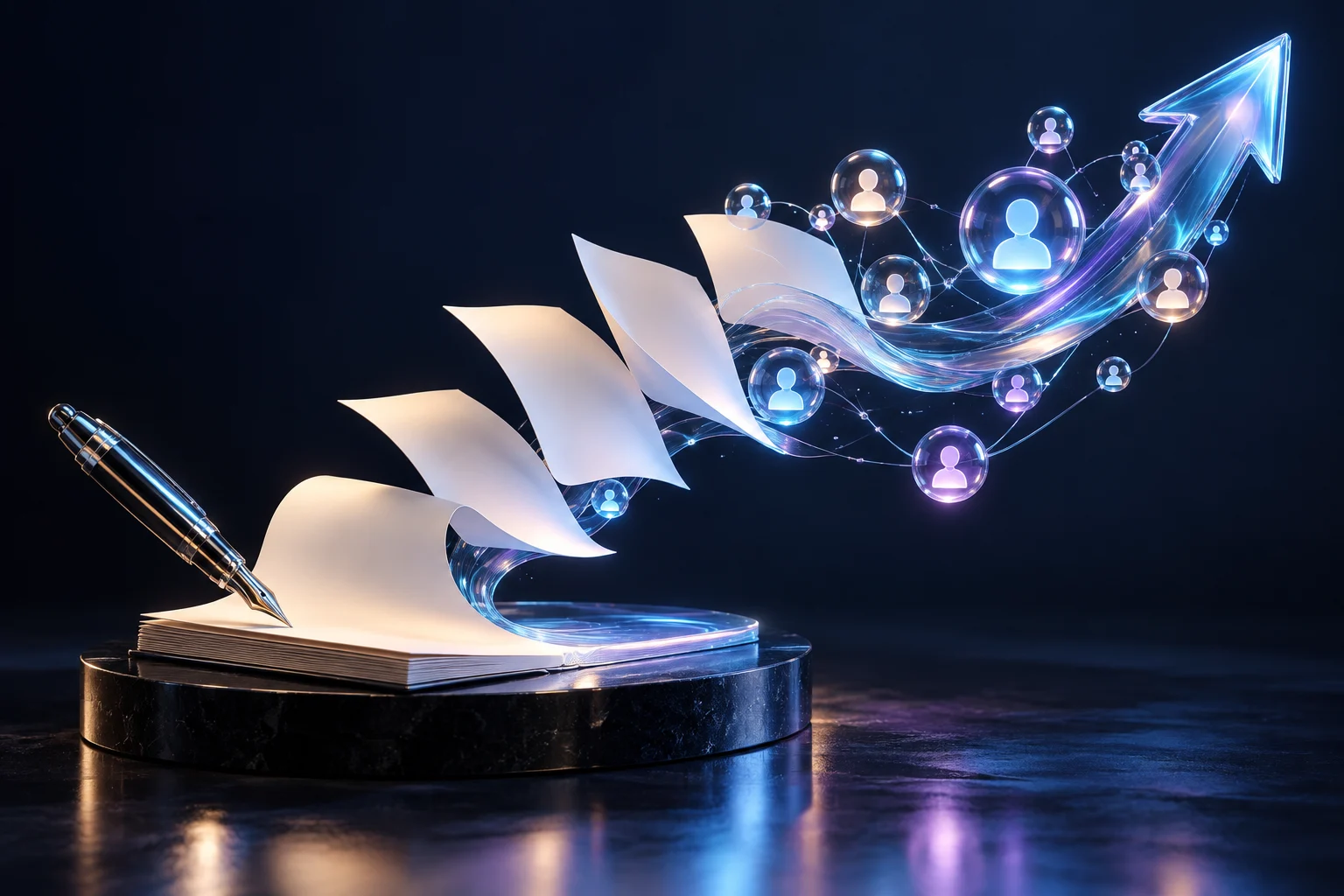 Editorial pages and a chrome pen connected to audience nodes and an upward glass ribbon.