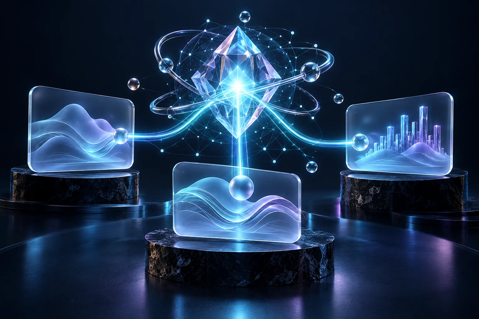 A crystal knowledge core linking translucent answer panels and glass search rings.