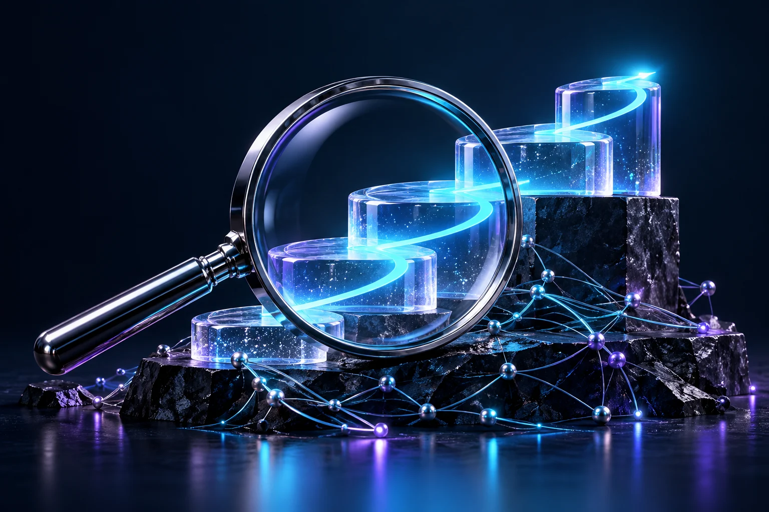 A chrome magnifying glass revealing luminous search tiers and an ascending cyan path.