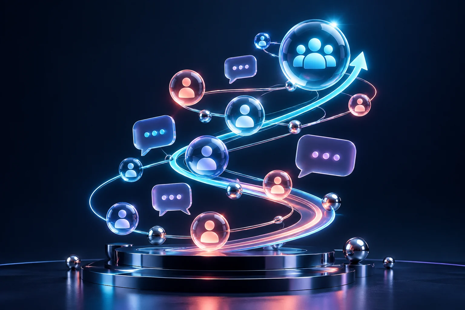 Connected speech bubbles and community spheres forming a luminous rising spiral.