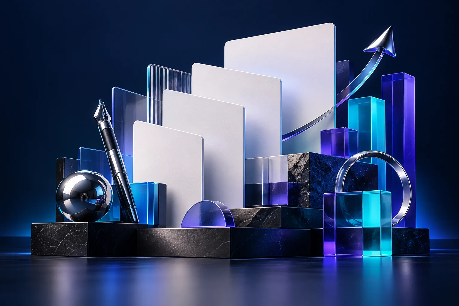 Campaign boards and creative tools arranged into a bold ascending studio composition.