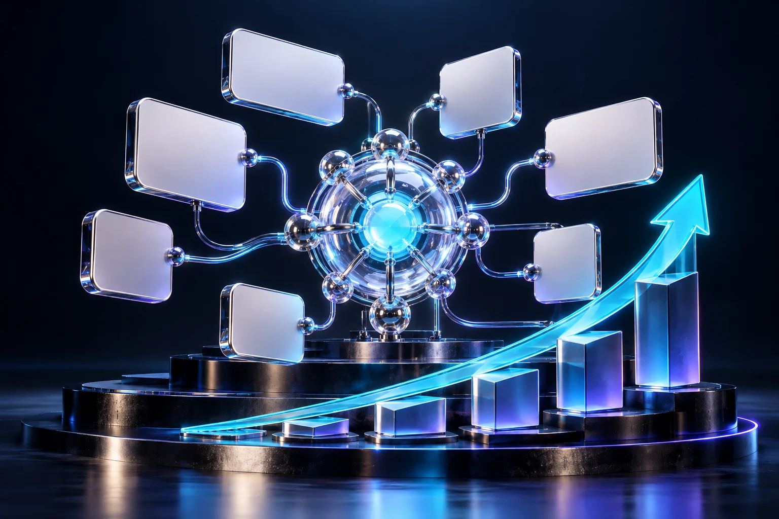 A luminous neural core linking modular product panels and an ascending performance arc.