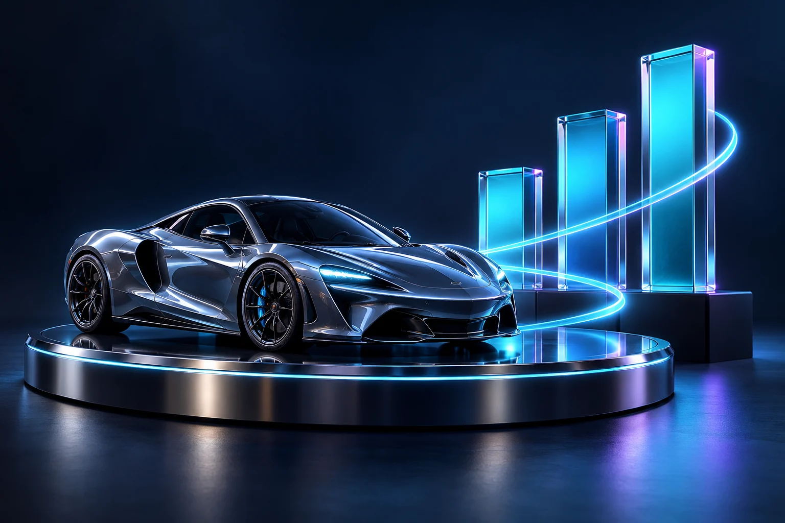 A sculptural sports car on a chrome platform beside rising service-growth columns.